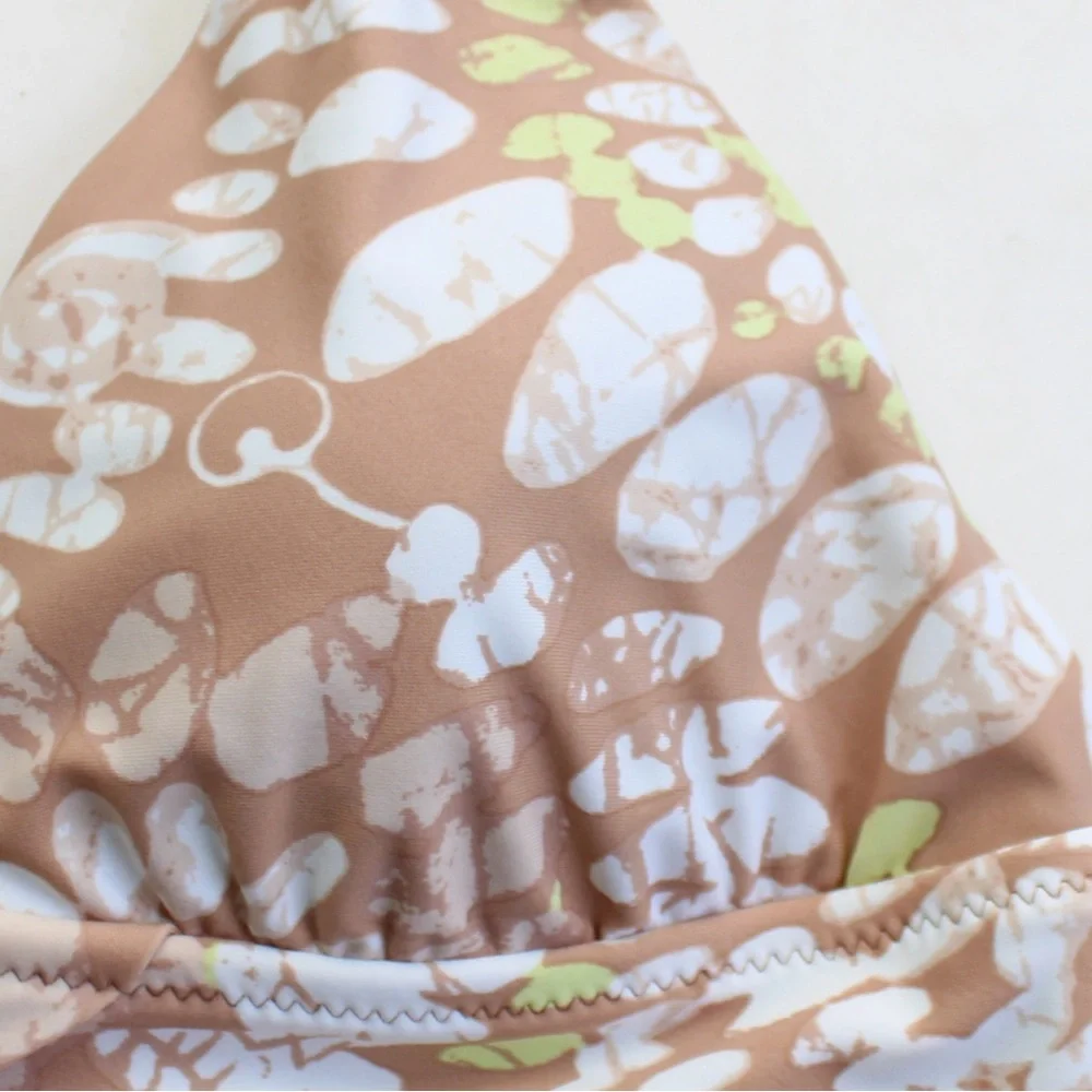 Aerie Sands Tan White Floral Print Crossover Triangle Bikini Top Size Medium - Picture 9 of 9